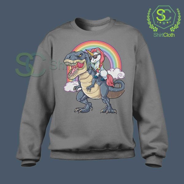 Unicorn-Riding-Dinosaur-T-Rex-Grey-Sweatshirt