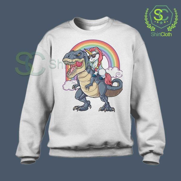 Unicorn-Riding-Dinosaur-T-Rex-White-Sweatshirt